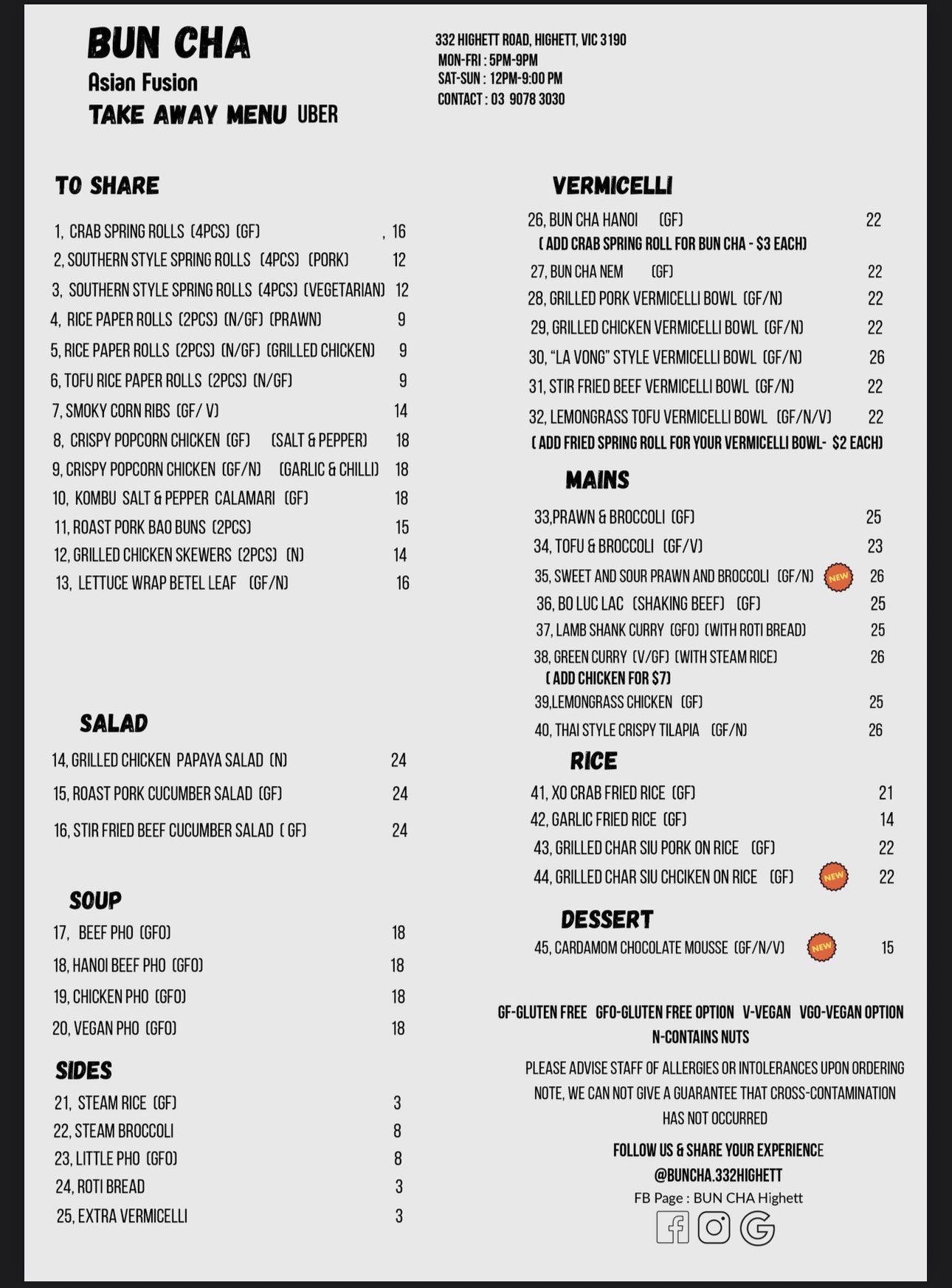 Menu take away